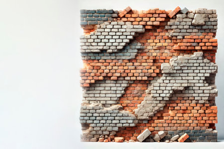 A dilapidated brick wall on a light background. Space for textの素材