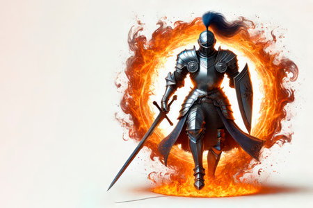 The knight emerges from the ring of fire. Space for textの素材