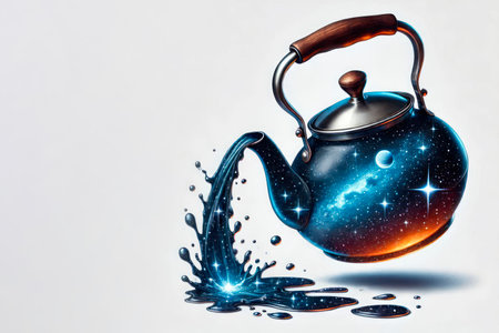 A teapot pouring out stars. Space for textの素材