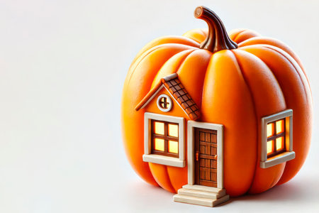Pumpkin house with burning windows. Space for textの素材