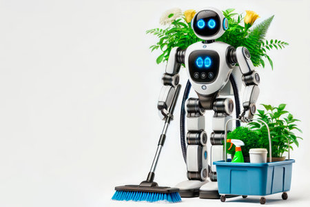 Cleaning robot with green plants and tools. Space for textの素材