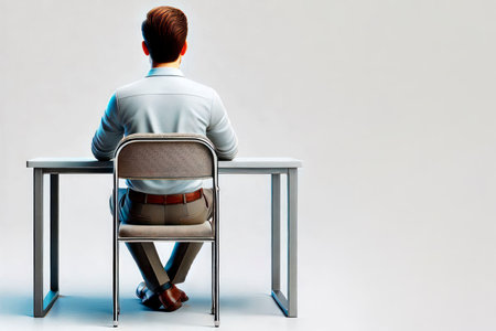 The man is sitting at the table, with his back turned. Space for textの素材