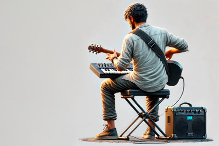 The musician plays the guitar and synthesizer. Space for textの素材