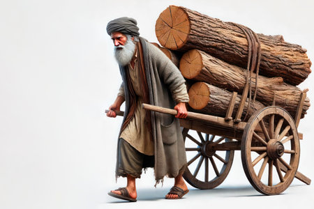An old man pulls a cart with heavy logs. Space for textの素材