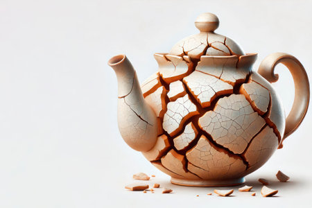 A cracked teapot with cracks and pieces of ceramics. Space for textの素材