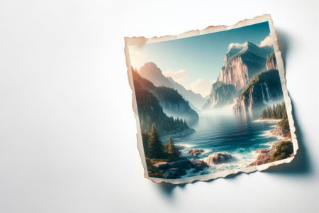 An old photo with a landscape of mountains, rivers and forests. Space for textの素材