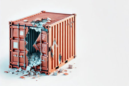 A broken shipping container with bricks inside. Space for textの素材