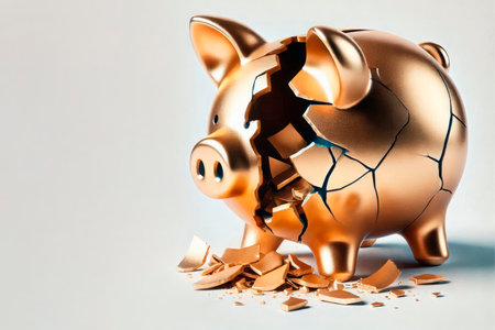 A broken gold piggy bank on a light background. Space for textの素材
