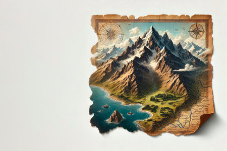 Map depicting mountains, rivers and seas on an ancient scroll. Space for textの素材