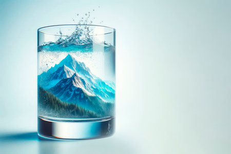 Mountains in a glass of water with splashes. Space for textの素材
