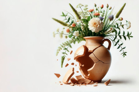 Broken ceramic vase with flowers. Space for textの素材