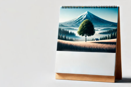 A clean desk calendar with a landscape of trees and mountains. Space for textの素材