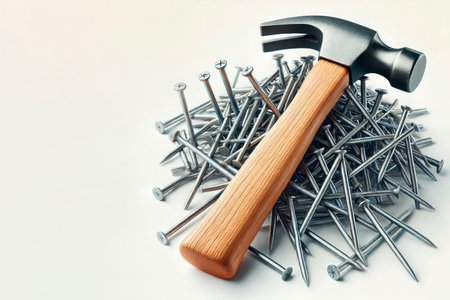 A hammer on a pile of nails on a light background. Space for textの素材