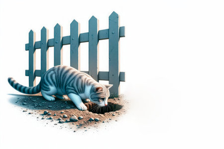 A cat looking into a hole by the fence. Space for textの素材