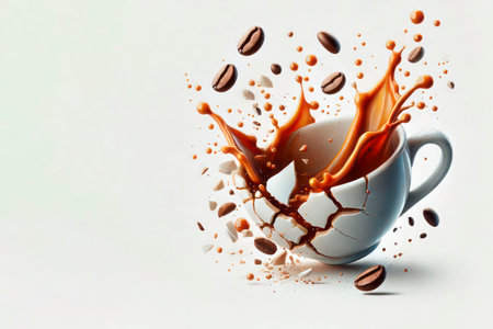 A broken mug with a splash of coffee and coffee beans. Space for textの素材