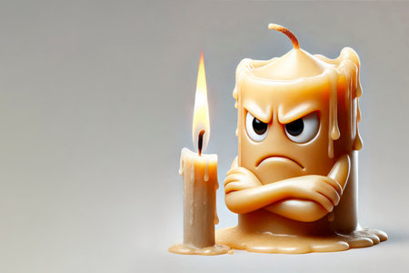 An extinguished angry candle looks at the burning candle nearby. Space for textの素材