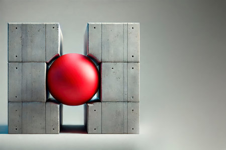 A red ball squeezed by concrete blocks. Space for textの素材