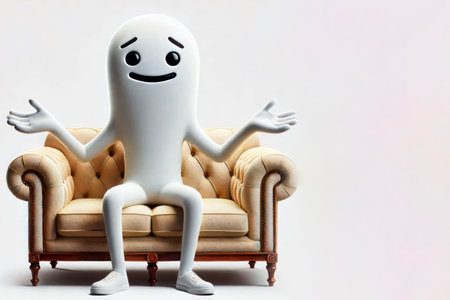 A white man sits on the sofa and spreads his hands. Space for textの素材