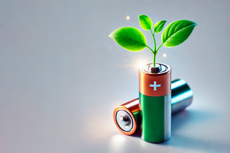 A battery with a plant, symbolizing ecology. Space for textの素材