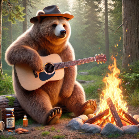 A bear by the fire with a guitar in the forestの素材