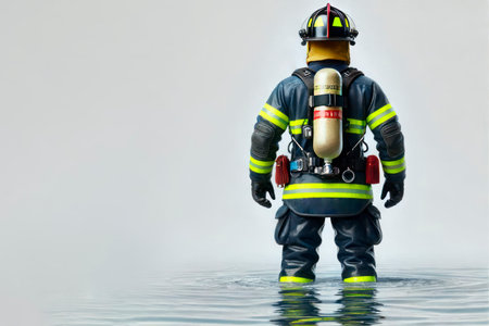 A firefighter in a protective uniform stands in the water. Space for textの素材