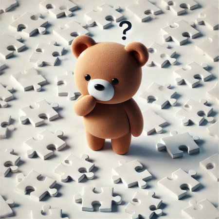 A bear among puzzles with a question mark above his headの素材
