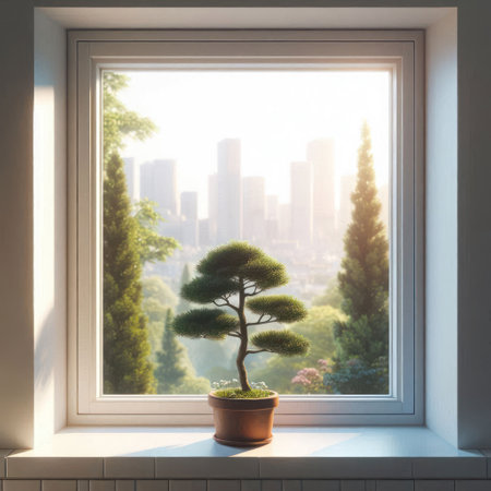 Bonsai on the windowsill overlooking the cityの素材