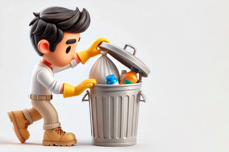 A person throws garbage into a metal bin. Space for textの素材