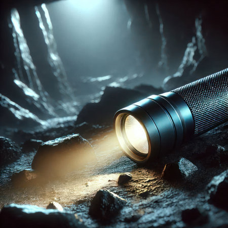 A lantern illuminating a stone caveの素材