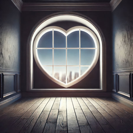 Heart-shaped window overlooking the cityの素材