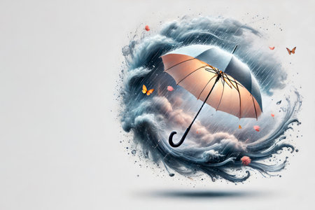 An umbrella in the element of rain and wind. Space for textの素材