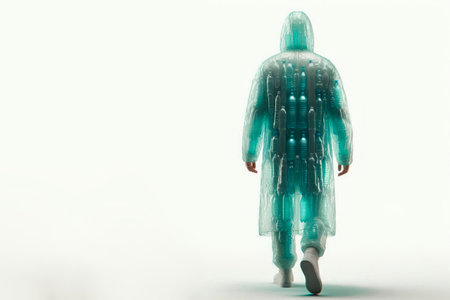 A man in a raincoat made of plastic bottles. Space for textの素材
