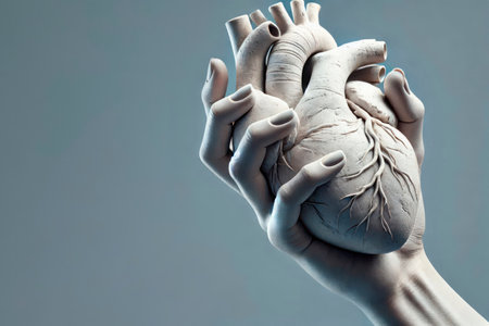 A white hand holding an anatomical heart on a gray background. Space for textの素材