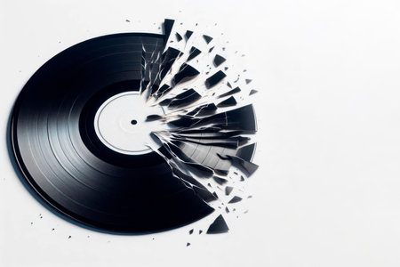 A broken vinyl record on a light background. Space for textの素材