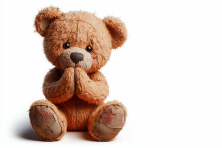 An old teddy bear in a sitting position. Space for textの素材