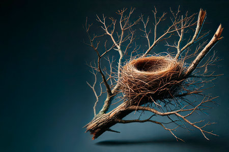 An empty bird's nest on a dry branch on a dark background. Space for textの素材