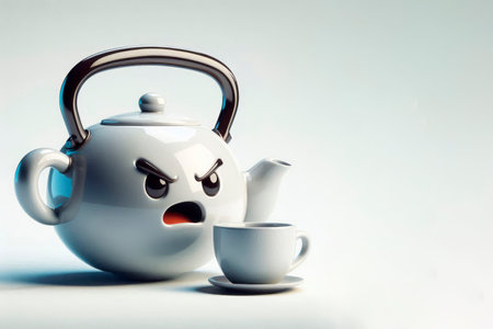 An angry teapot with a cup. Space for textの素材