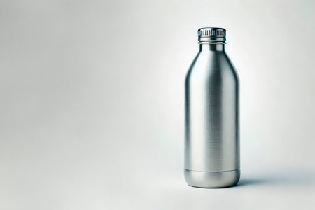 Metal bottle on a light background. Space for textの素材