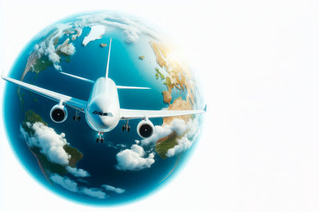 An airplane hovering above the ground. Space for textの素材