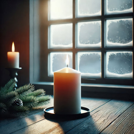 A lit candle against the background of a snow-covered windowの素材