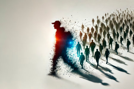 Silhouette of a man coming out of the crowd. Space for textの素材