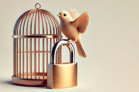 A bird sitting on a lock and a golden cage. Space for textの素材