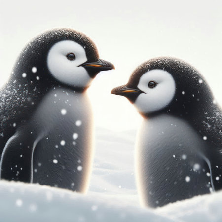 Penguins stand opposite each other in the snowの素材