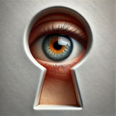 An eye looking through a keyhole on a metal surfaceの素材