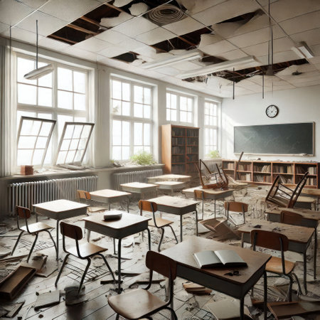 An abandoned school classroom with a destroyed ceilingの素材