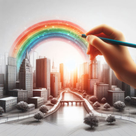 A hand draws a rainbow over a black and white cityの素材