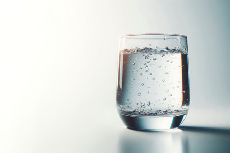 A glass of water with bubbles on a light background. Space for textの素材