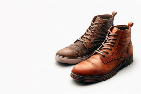 Two leather boots: classic and casual. Space for textの素材
