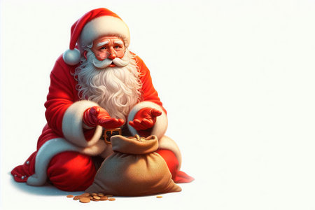 Santa with a bag of coins. Space for textの素材
