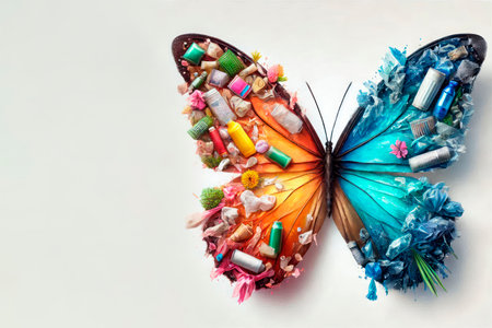 A butterfly with wings made of garbage and flowers. Space for textの素材